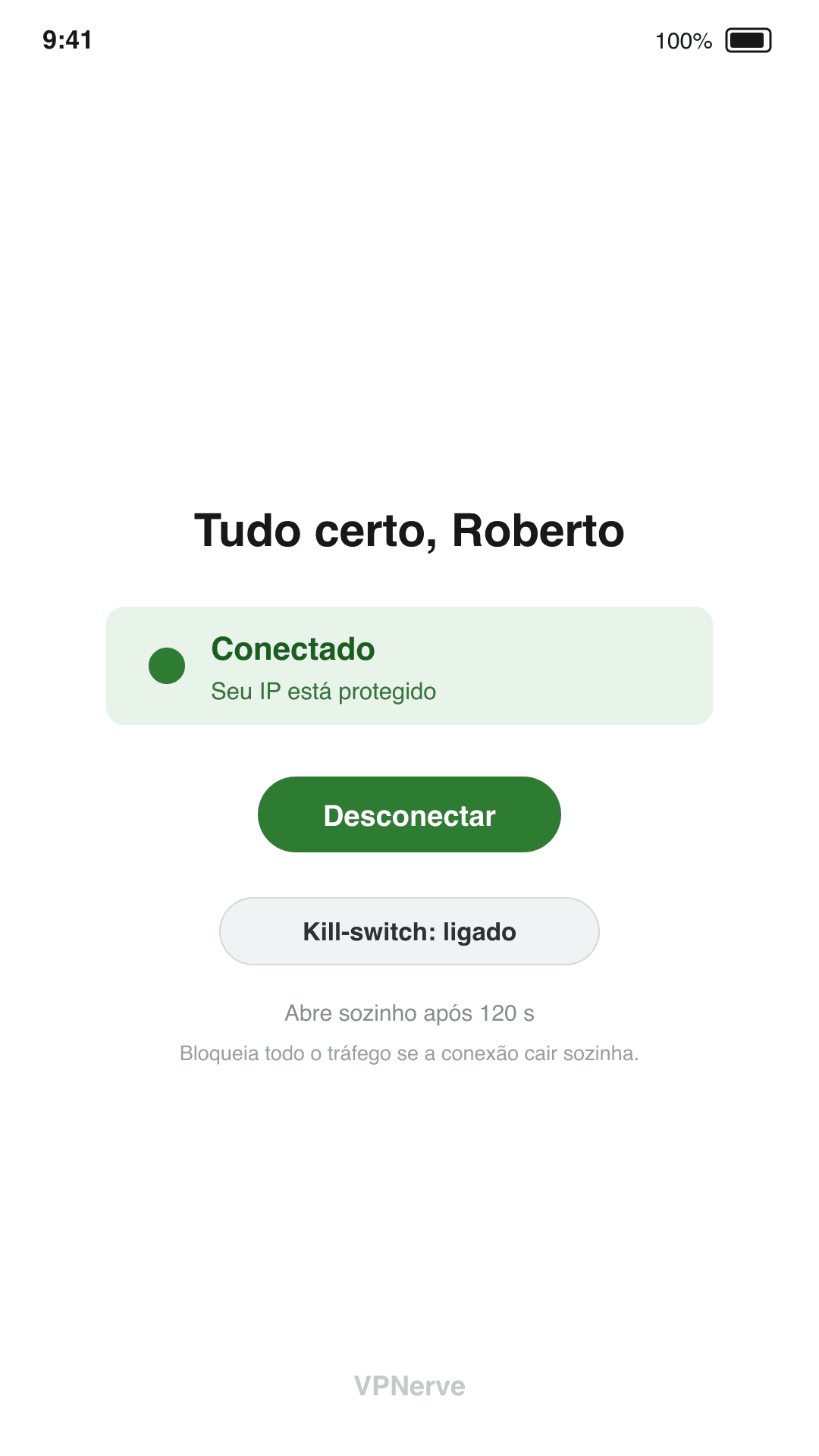 App VPNerve no celular mostrando a conexão ativa e protegida